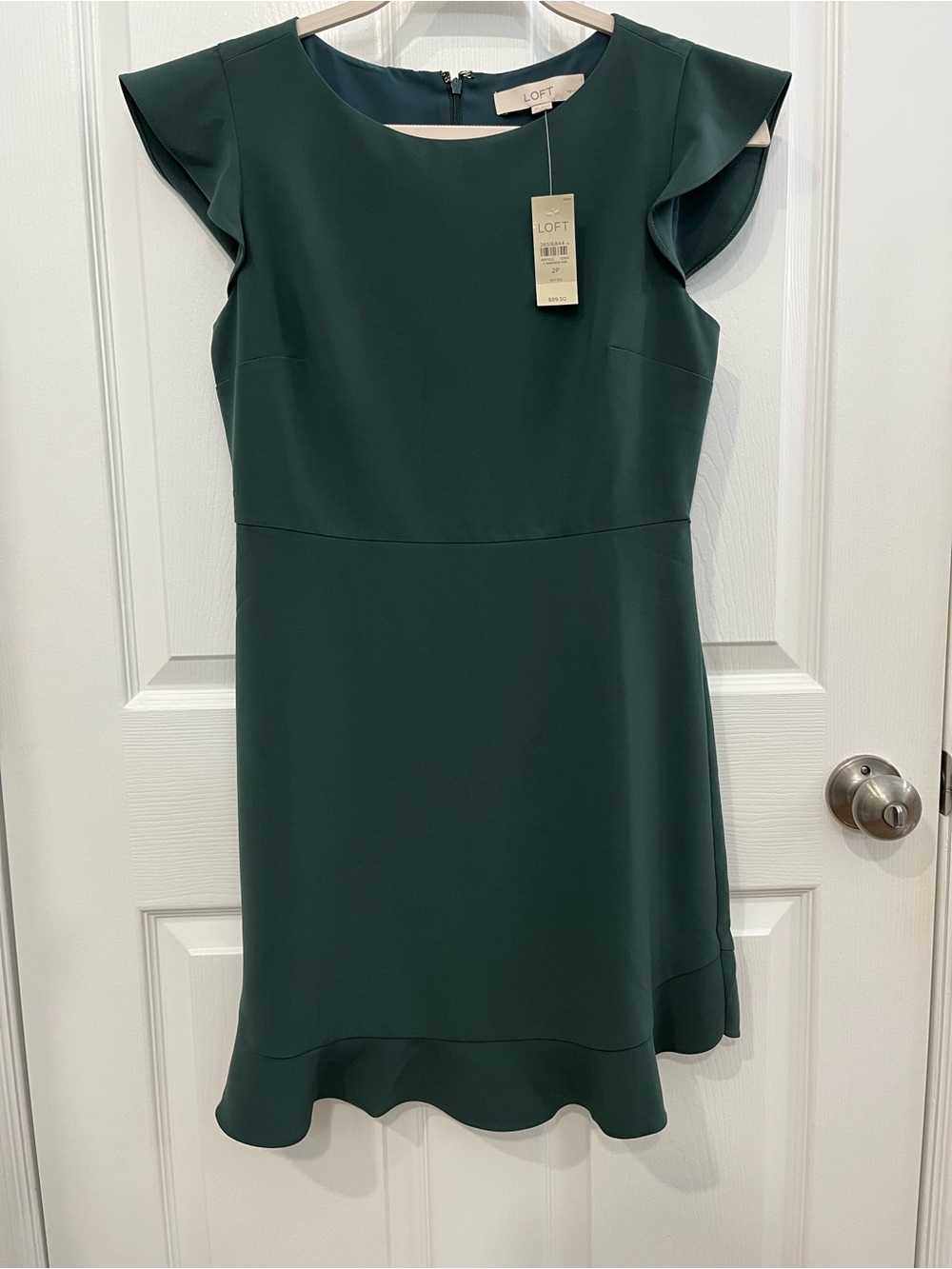 LOFT Emerald Green Flutter Sleeve Ruffle Hem Dress, 2P, NWT